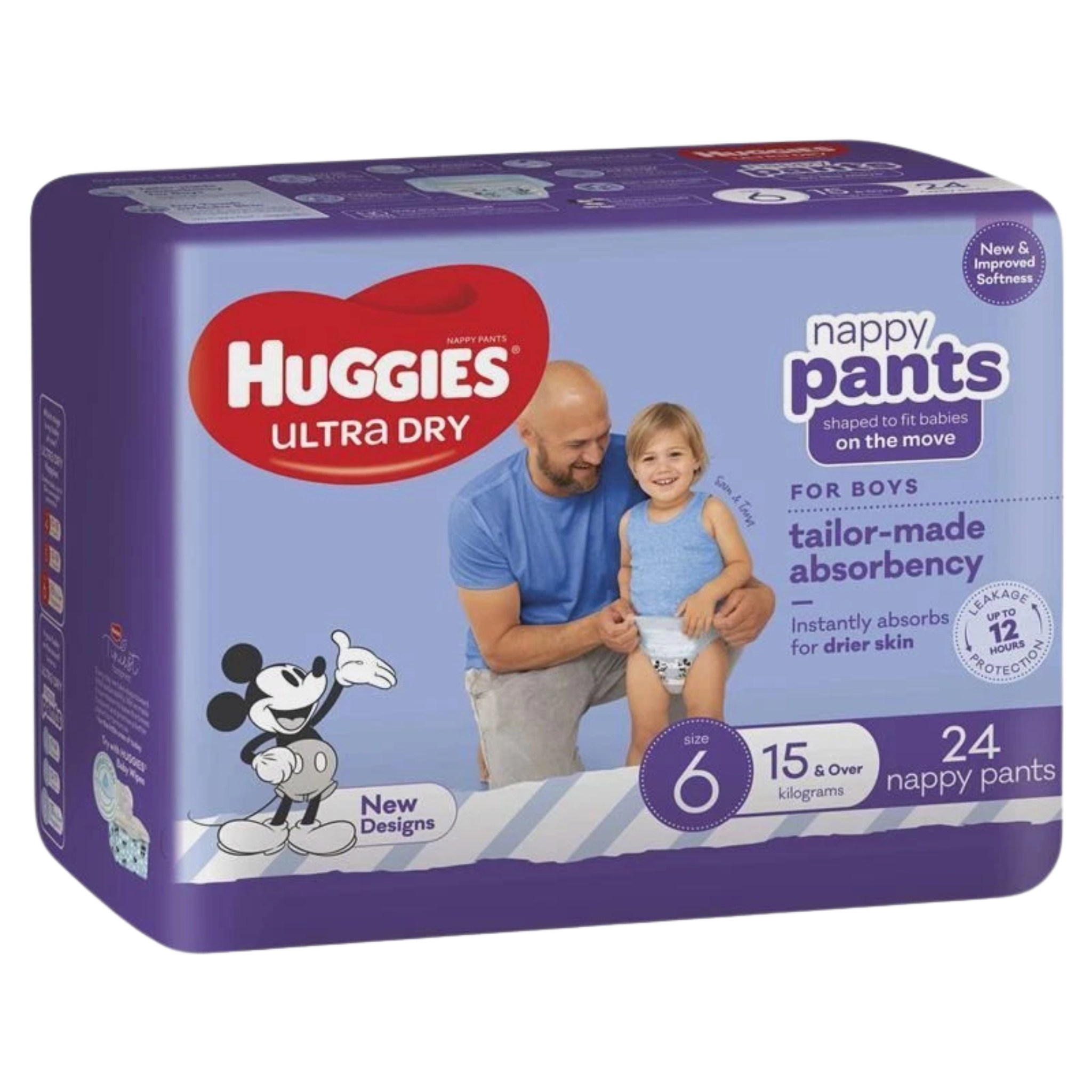 Huggies Ultra Dry nappy pants packaging for boys on a white background