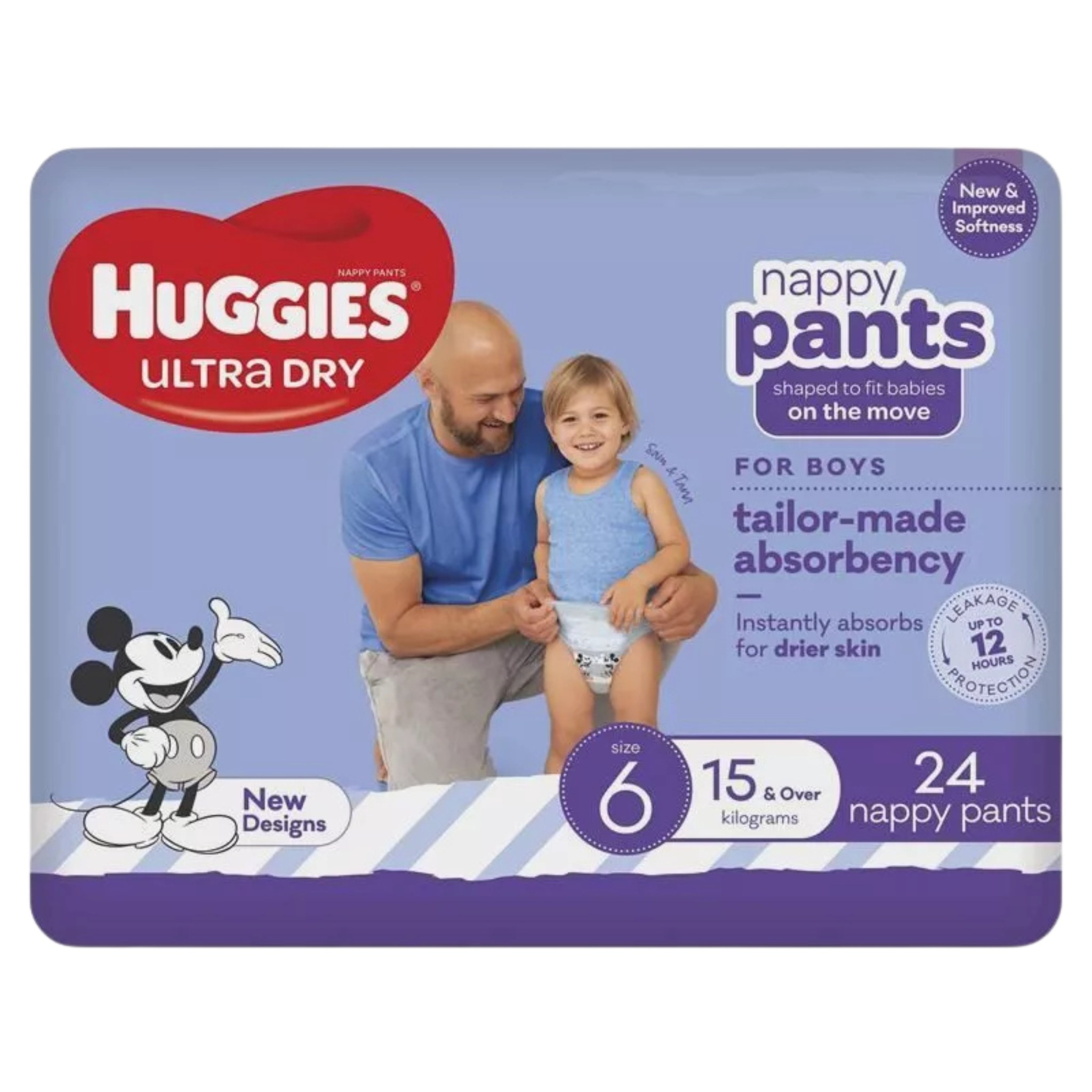 Huggies Ultra Dry nappy pants packaging for boys with a father and child on a blue background