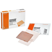 A Smith & Nephew IODOSORB Dressing kit featuring a white and orange box, a sterile sachet, and a 4cm x 6cm cadexomer iodine mesh dressing being peeled from its protective layer.
