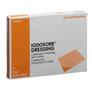 Exterior packaging of an IODOSORB Dressing box, product code #66001291, containing three 10g dressings sized 6cm x 8cm.