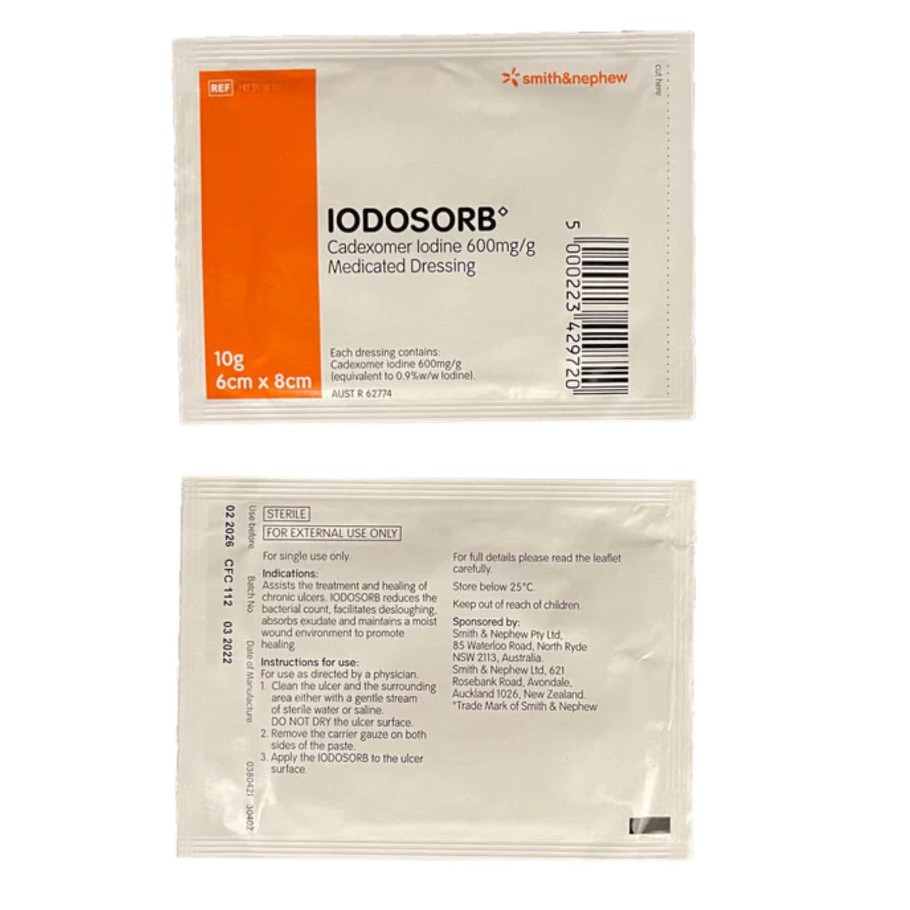 Front and back view of a 10g IODOSORB Medicated Dressing sachet (6cm x 8cm) showing instructions for use and Cadexomer Iodine concentration.
