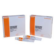 A 4-pack box of IODOSORB Ointment 10g tubes, product code #66001298, used for treating infected traumatic or surgical wounds.