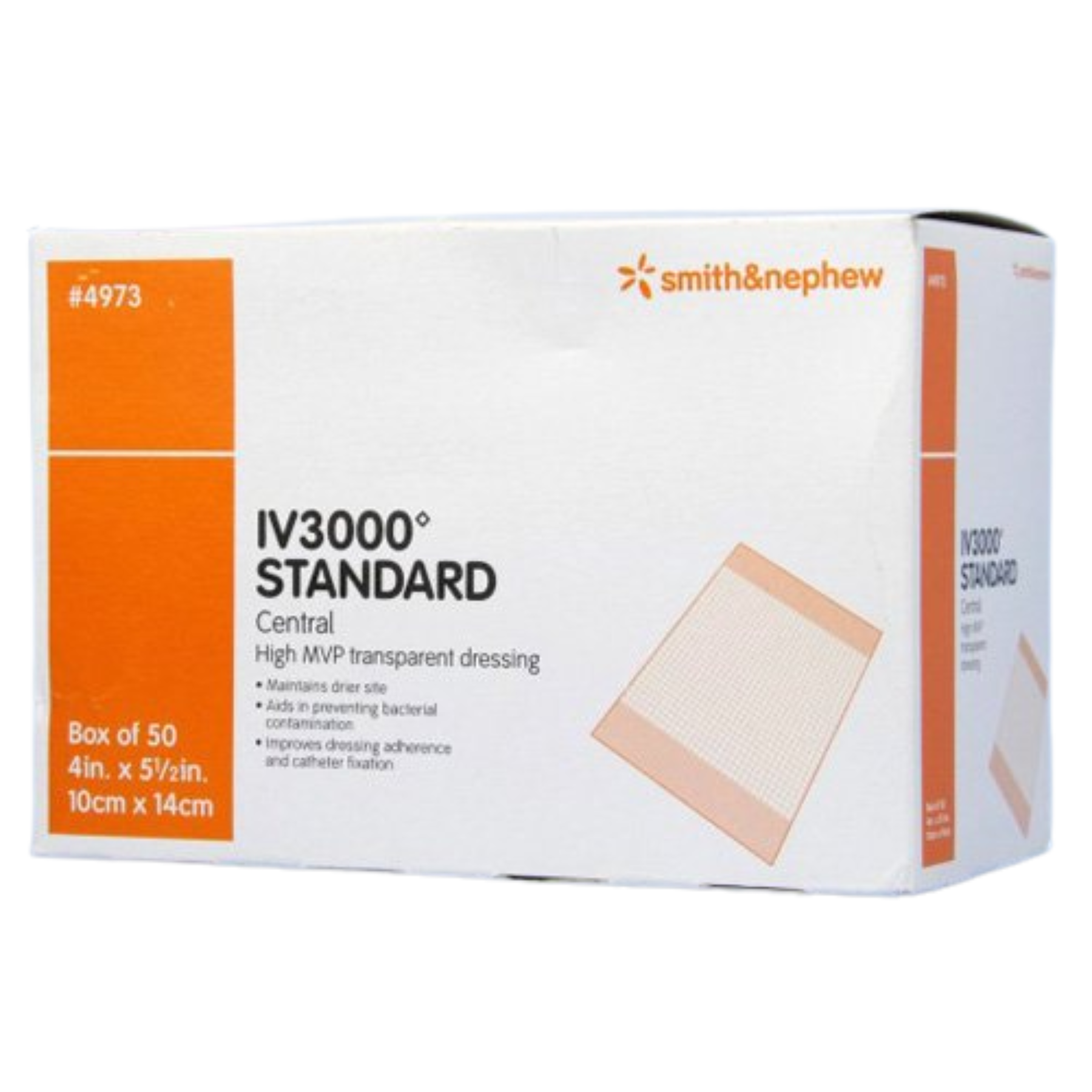 Box of Smith & Nephew IV3000 Standard Central High MVP transparent dressings, 10cm x 14cm (4in x 5.5in), 50 count, Ref #4973.