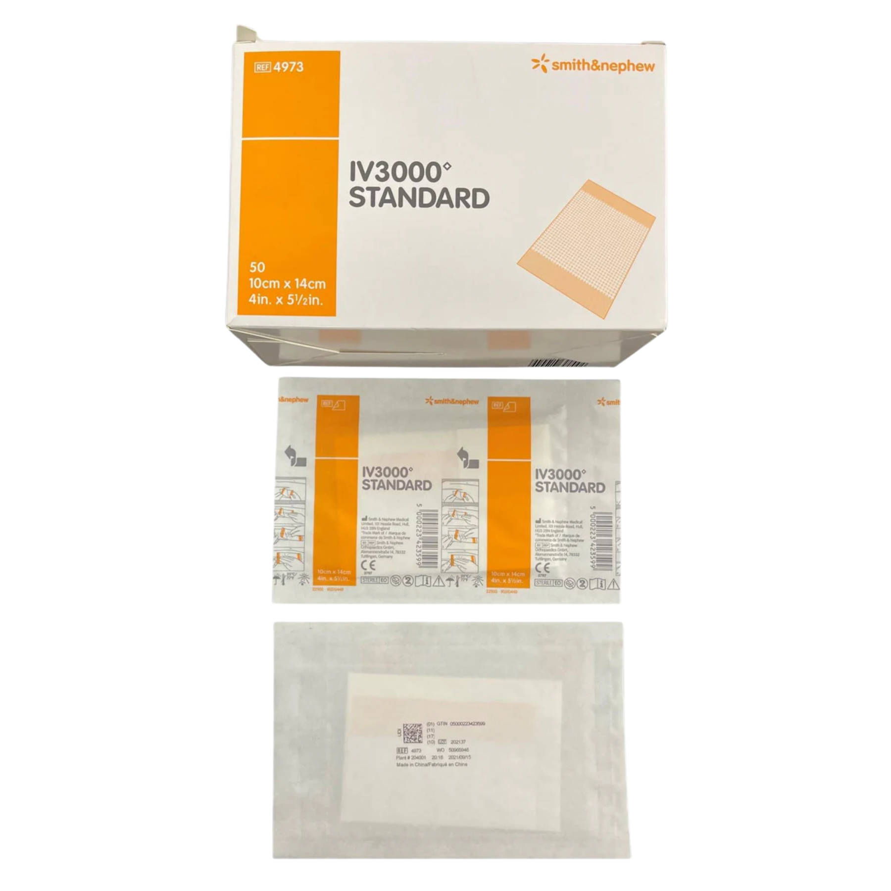 IV3000 Standard 10cm x 14cm dressing set featuring the 50-count box, a sterile sachet, and the back of an individual packet.