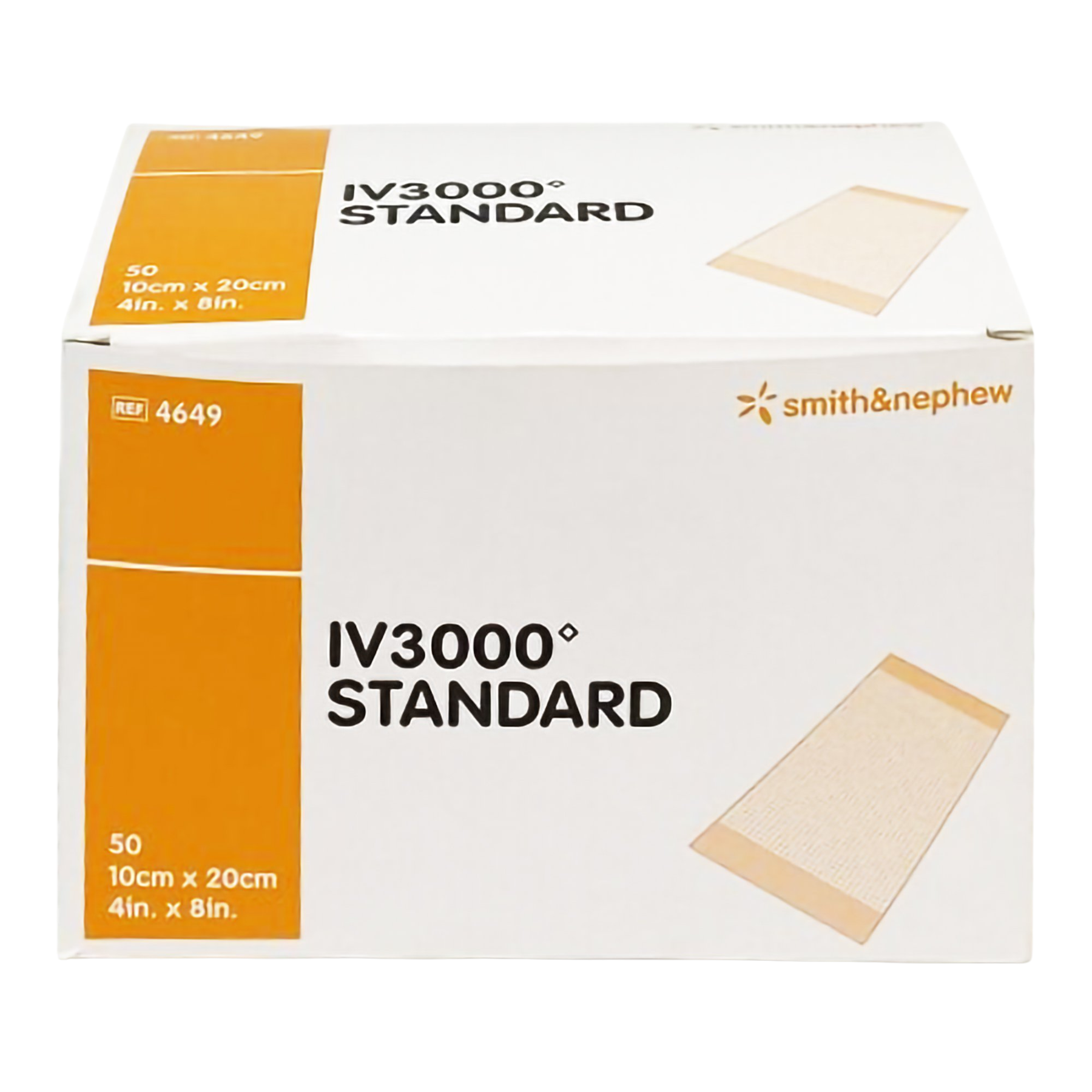 Front view of a Smith & Nephew IV3000 Standard transparent film dressing box, 10cm x 20cm (4in x 8in), containing 50 individual dressings.
