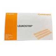Front and back view of a sterile Leukostrip 4 piece individual pack by Smith and Nephew, measuring 26mm x 102mm with application instructions and GTIN barcode visible.
