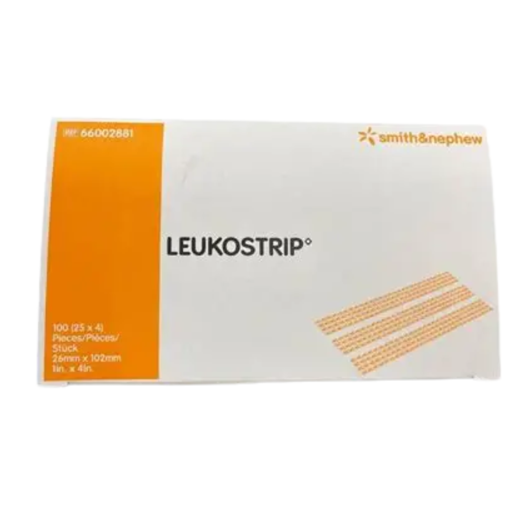 Front and back view of a sterile Leukostrip 4 piece individual pack by Smith and Nephew, measuring 26mm x 102mm with application instructions and GTIN barcode visible.