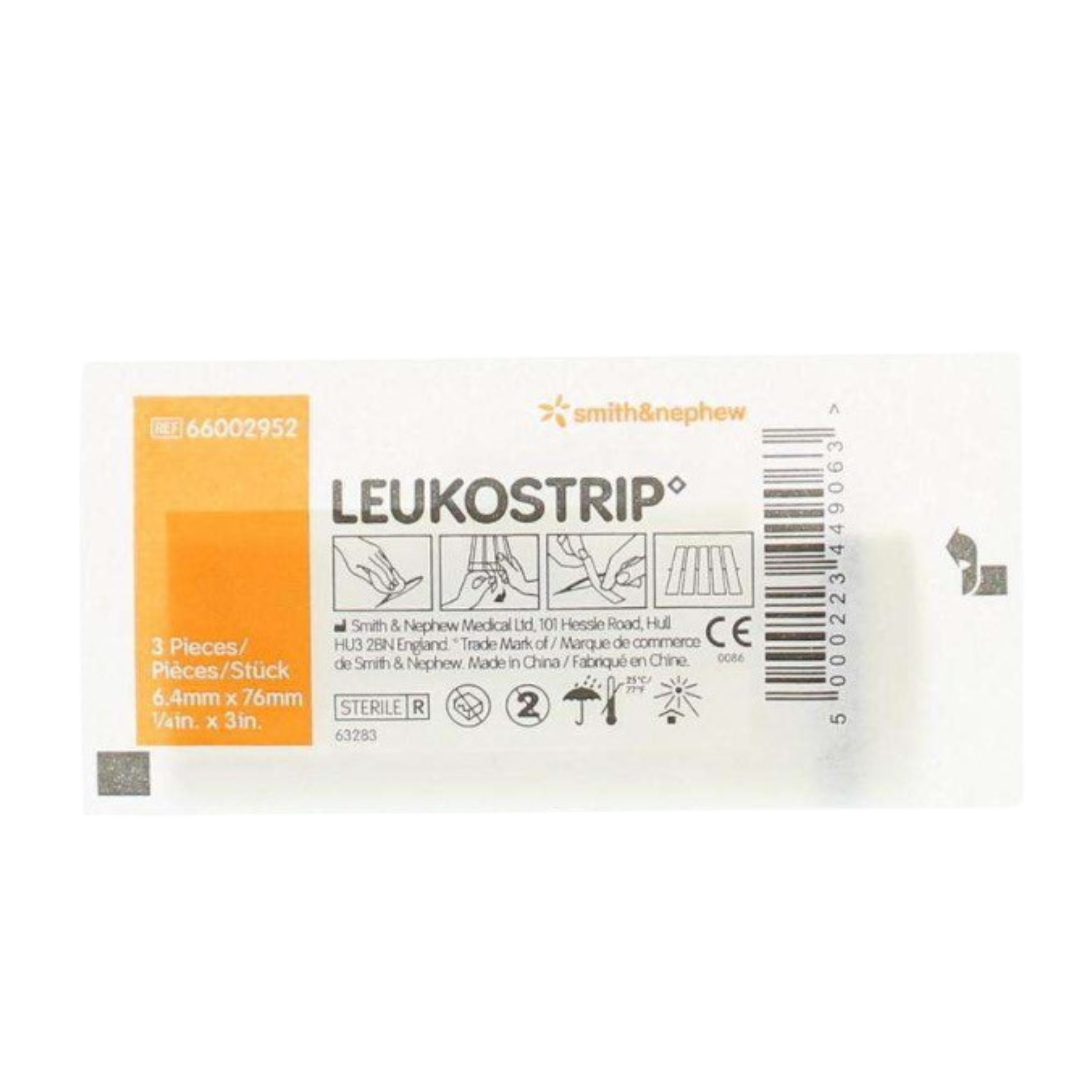 Back of a sterile Smith & Nephew LEUKOSTRIP pouch showing application instructions and barcode for 6.4mm x 76mm strips.