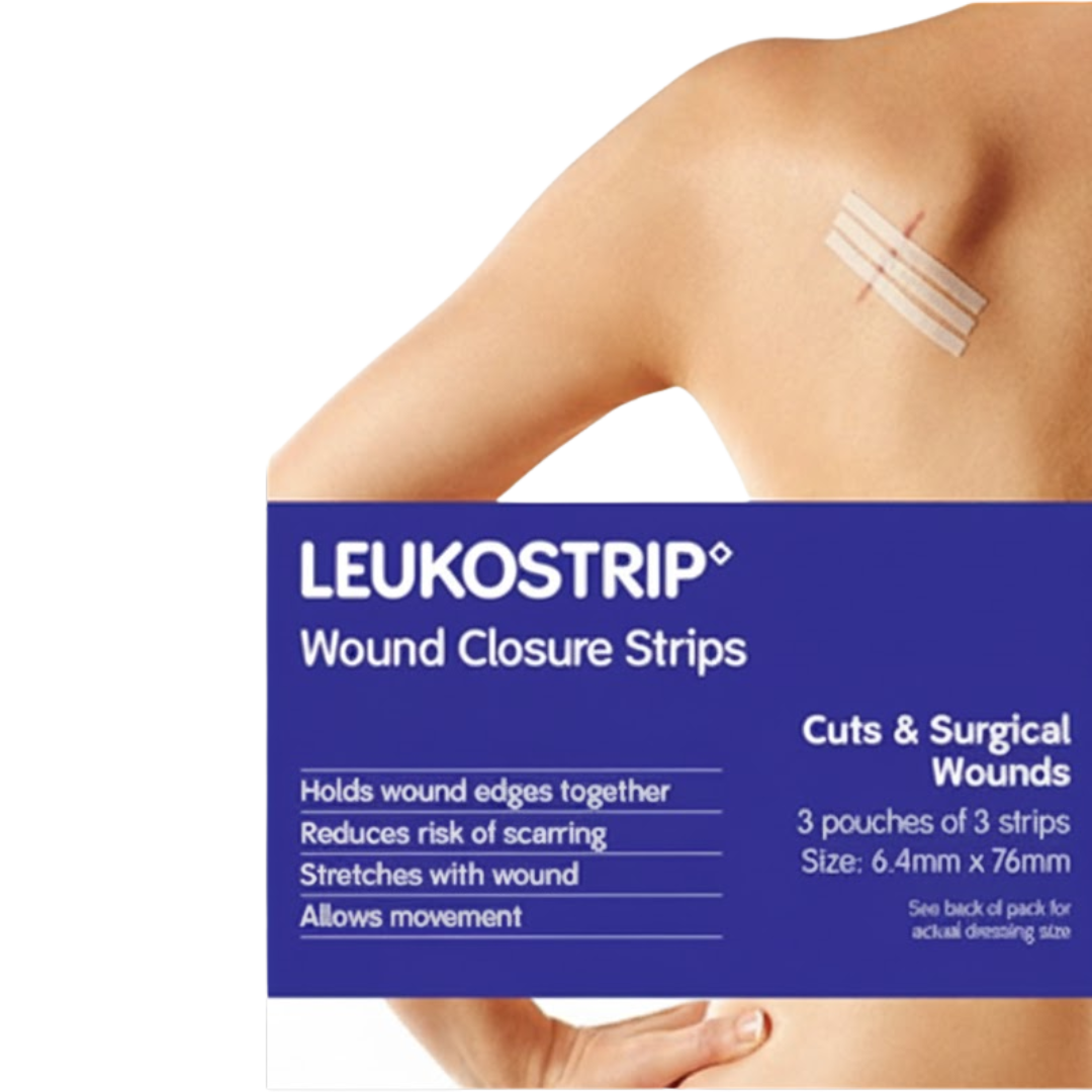Close-up of Leukostrip wound closure strips applied to a small cut on a person's shoulder, with product information overlay showing "Reduces risk of scarring" and size details.
