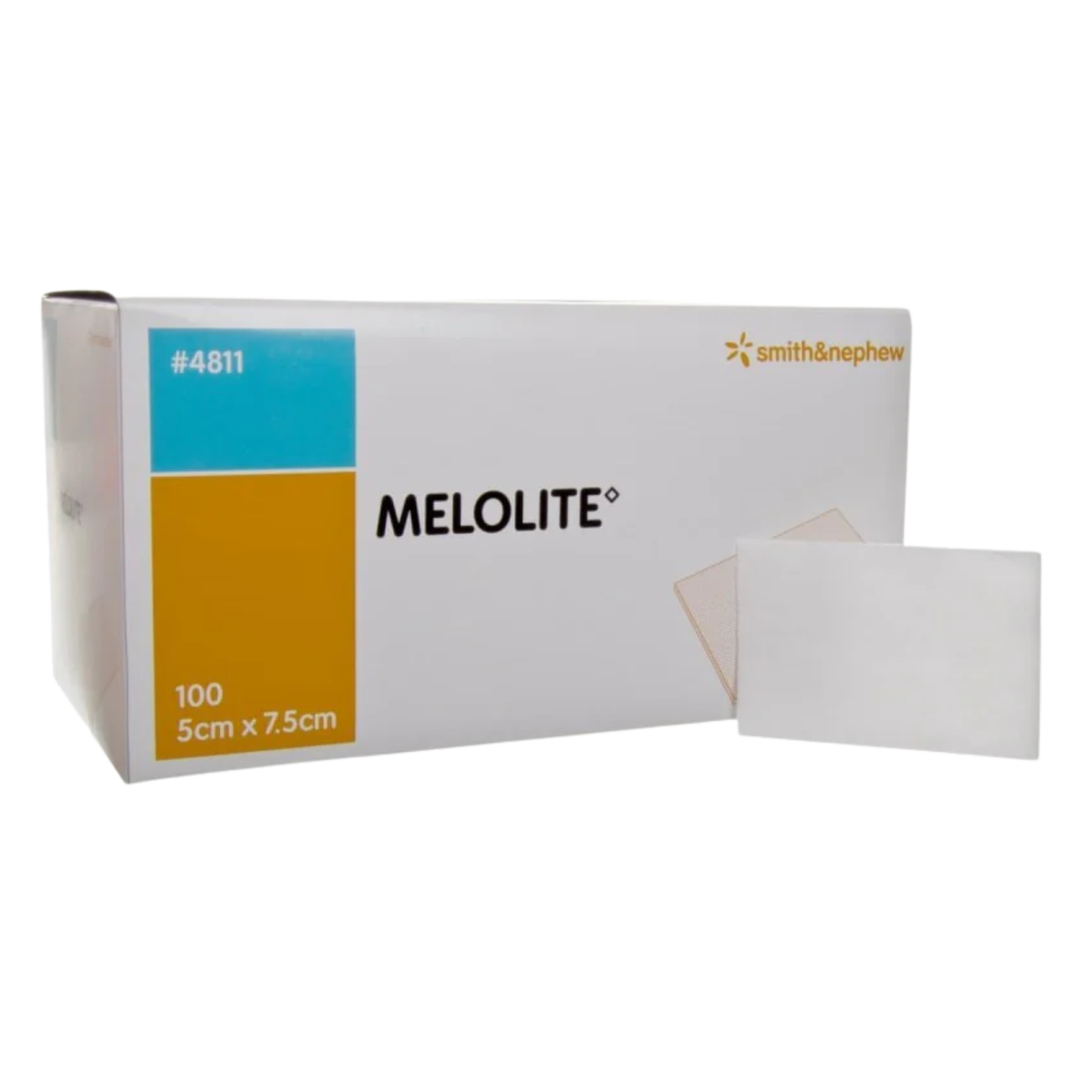 Smith & Nephew MELOLITE sterile dressing box (100 count), 5cm x 7.5cm size, Ref #4811, shown with one white absorbent pad.