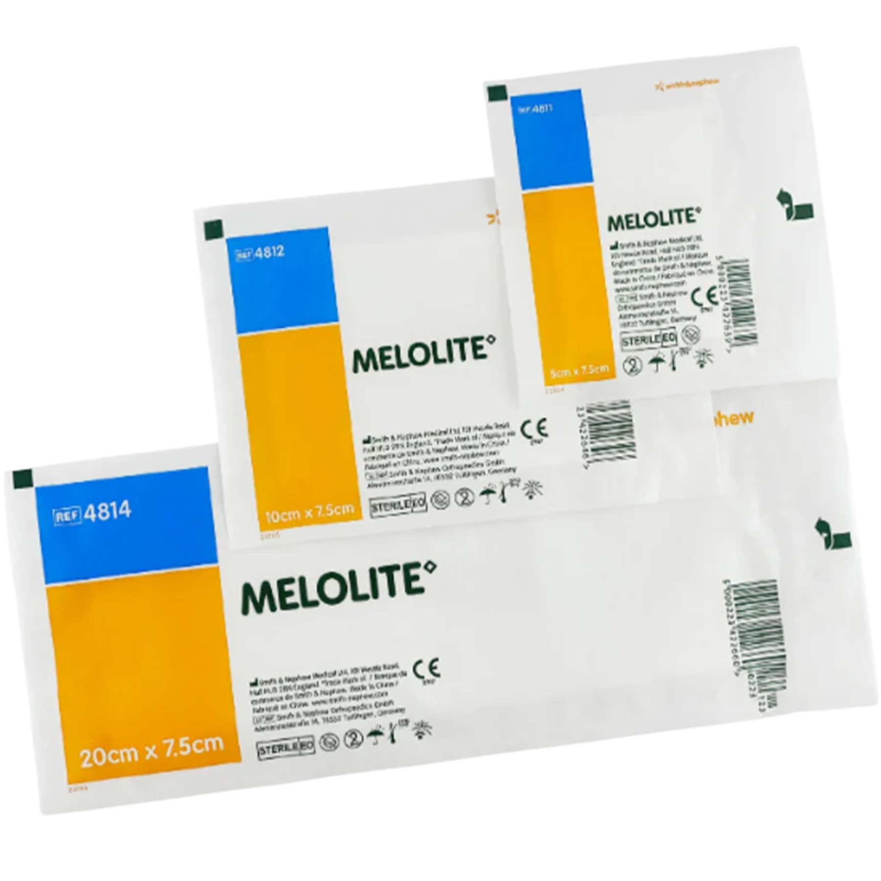 Comparison of three MELOLITE sterile dressing sachets in sizes 20cm x 7.5cm, 10cm x 7.5cm, and 5cm x 7.5cm.