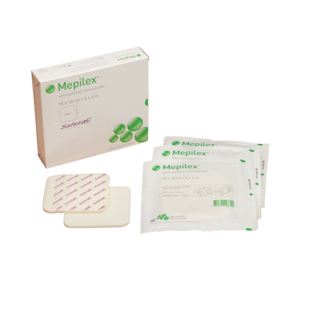 Box of Mölnlycke Mepilex 10x10cm foam dressings with Safetac Technology, shown with individual sterile packs and pads.
