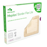Packaging for Mölnlycke Mepilex Border Flex Lite 15x15cm dressings, a self-adherent soft silicone foam dressing using Safetac and Flex technology.