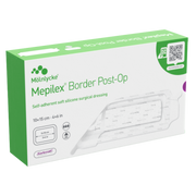 Medical packaging box for Mepilex Border Post-Op dressings, 10 by 15 centimeter dimensions.