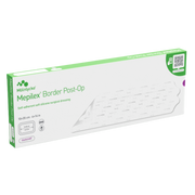 Product packaging for Mepilex Border Post-Op dressings, 10 by 35 centimeter size.