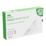 Packaging for Mepilex Border Post-Op self-adherent silicone dressing, size 9 by 10 centimeters.