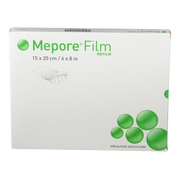 Large box of Mölnlycke Mepore Film (Mefilm) dressing, size 15 x 20 cm, featuring the green bubble logo.