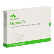 Side view of a white and green box of Mölnlycke Mepore Film transparent adhesive dressing, size 6 x 7 cm.