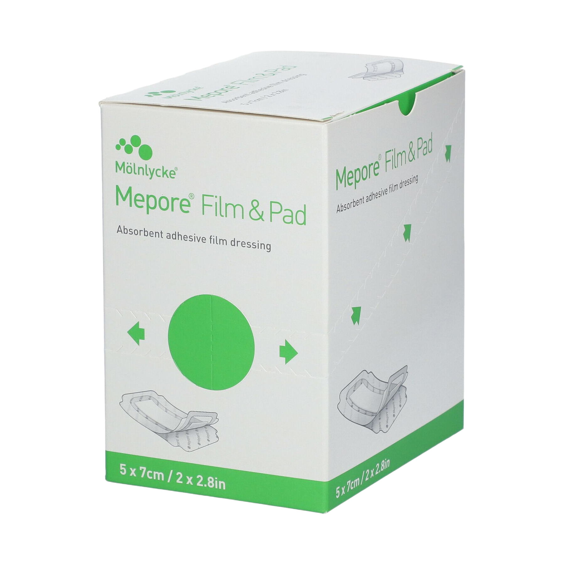 Mepore Film & Pad packaging box with green accents on a white background