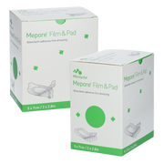 Two boxes of Mepore Film & Pad dressing packaging on a white background