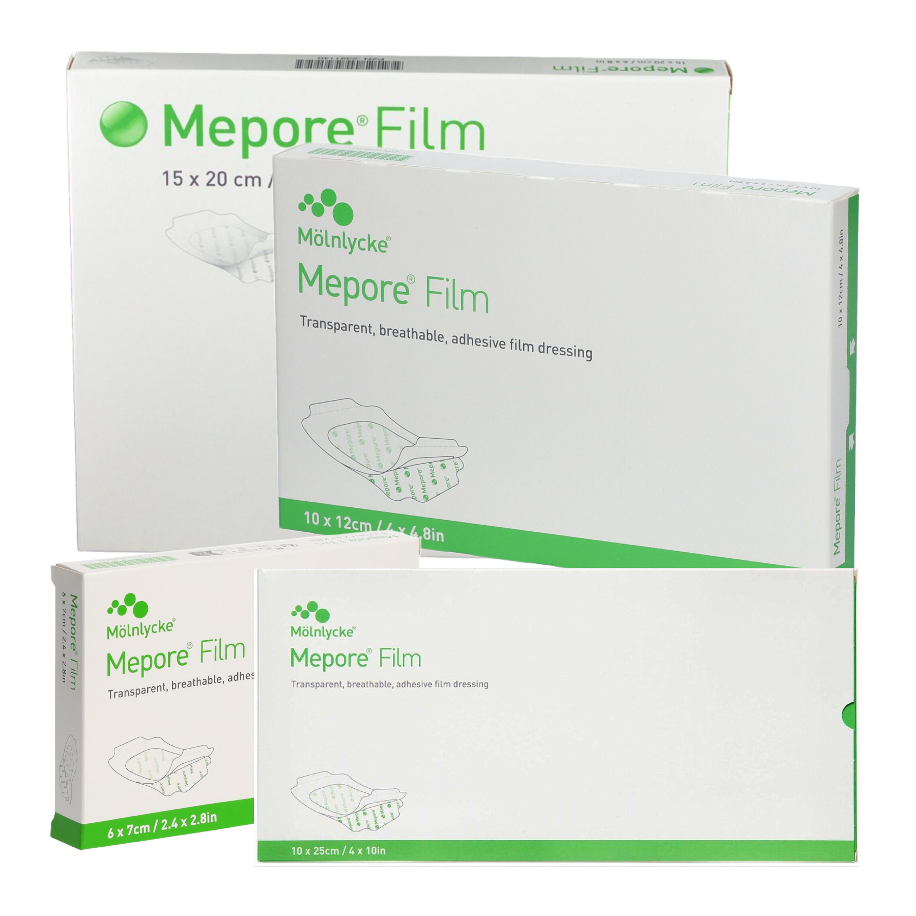 A group shot showing four different sizes of Mepore Film dressing boxes ranging from 6x7 cm to 10x25 cm.