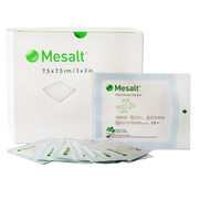 Box and individual sterile pouches of Mesalt cleansing dressing, size 7.5 x 7.5 cm (3 x 3 in).