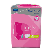 Front packaging of MoliCare Premium Lady Pants in size Medium, highlighting skin-friendly aloe vera and a discreet underwear feeling for 8 pieces.