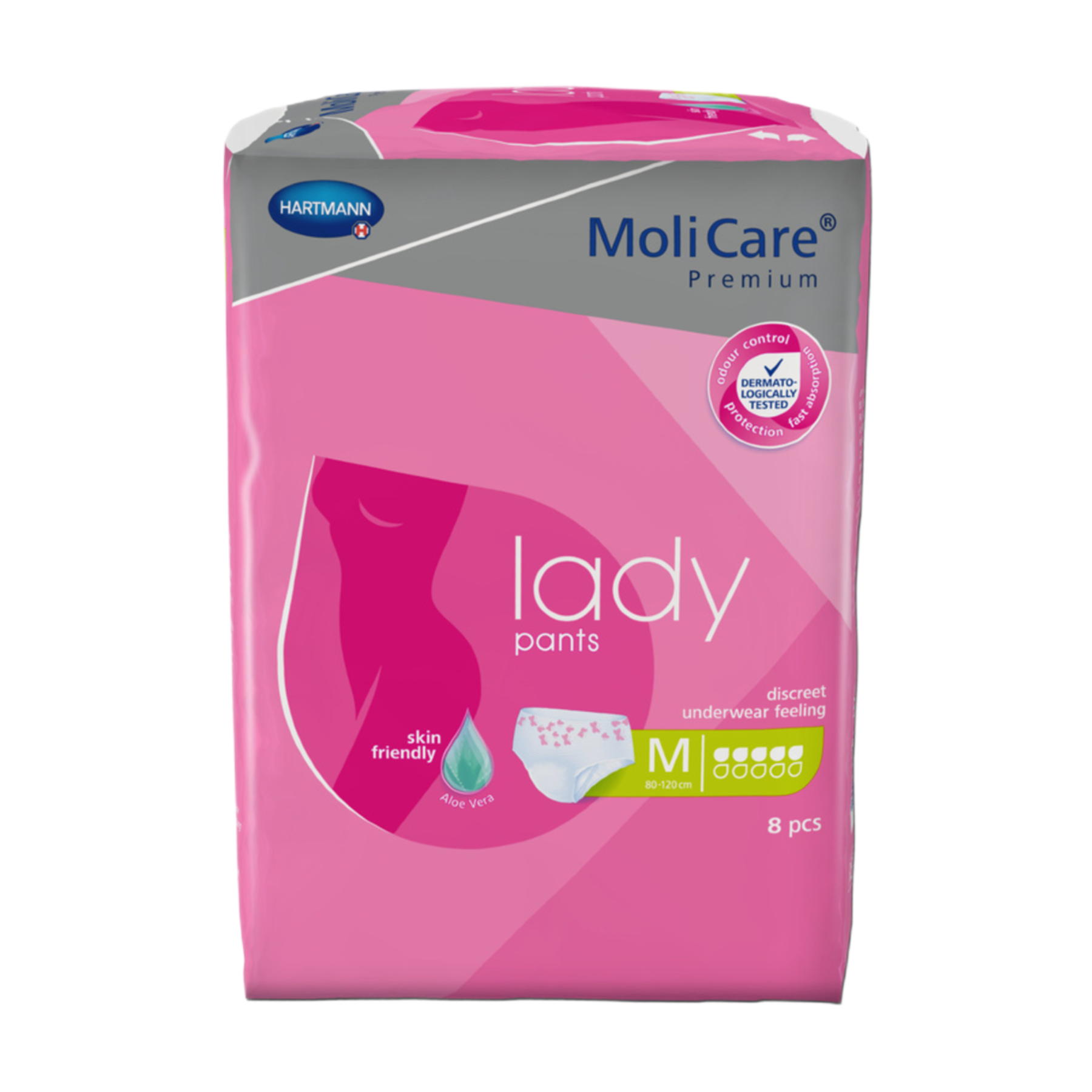 Front packaging of MoliCare Premium Lady Pants in size Medium, highlighting skin-friendly aloe vera and a discreet underwear feeling for 8 pieces.
