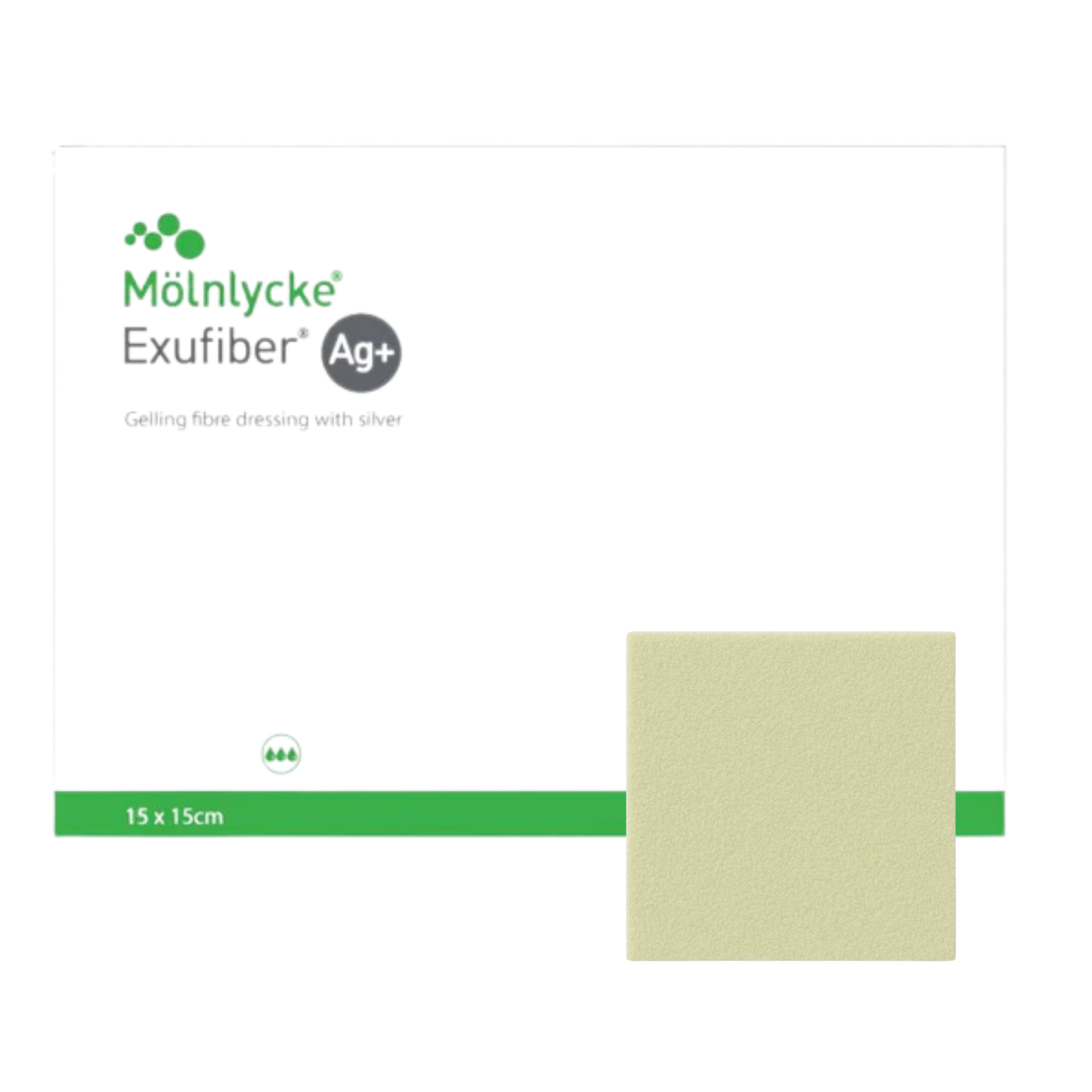 Mölnlycke Exufiber Ag+ antimicrobial silver gelling fiber dressing, square 15 x 15 cm size, showing packaging and product sample.