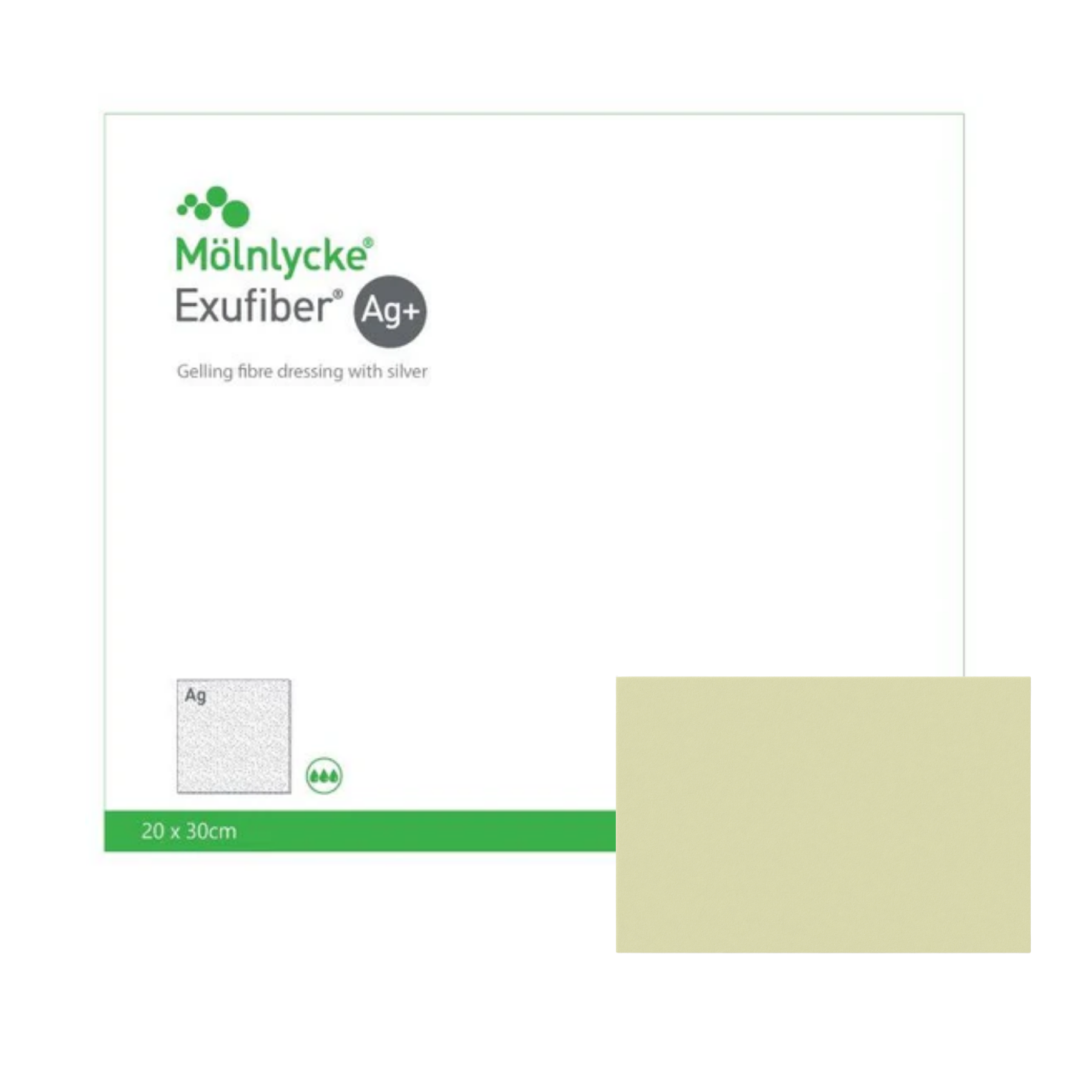 Product display for Mölnlycke Exufiber Ag+ antimicrobial dressing. The image shows the white and green branded packaging indicating a 20 x 30 cm size, alongside a close-up rectangular swatch of the soft, light-yellow gelling fiber material.
