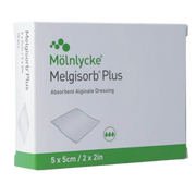 Retail packaging box for Mölnlycke Melgisorb Plus Alginate Dressing, size 5 x 5 cm (2 x 2 in).