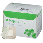 Molnlycke Mepore Pro adhesive absorbent dressing, size 6x7 cm, with peel-off backing partially removed to show absorbent pad and adhesive border.

