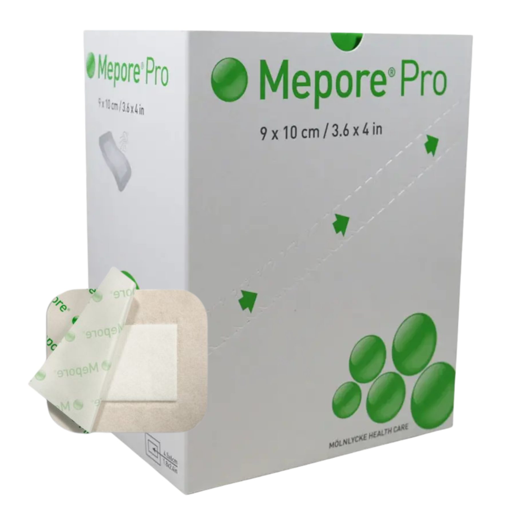 Molnlycke Mepore Pro adhesive absorbent dressing, size 9x10 cm, sterile wound dressing with soft adhesive border and absorbent pad for secure coverage.
