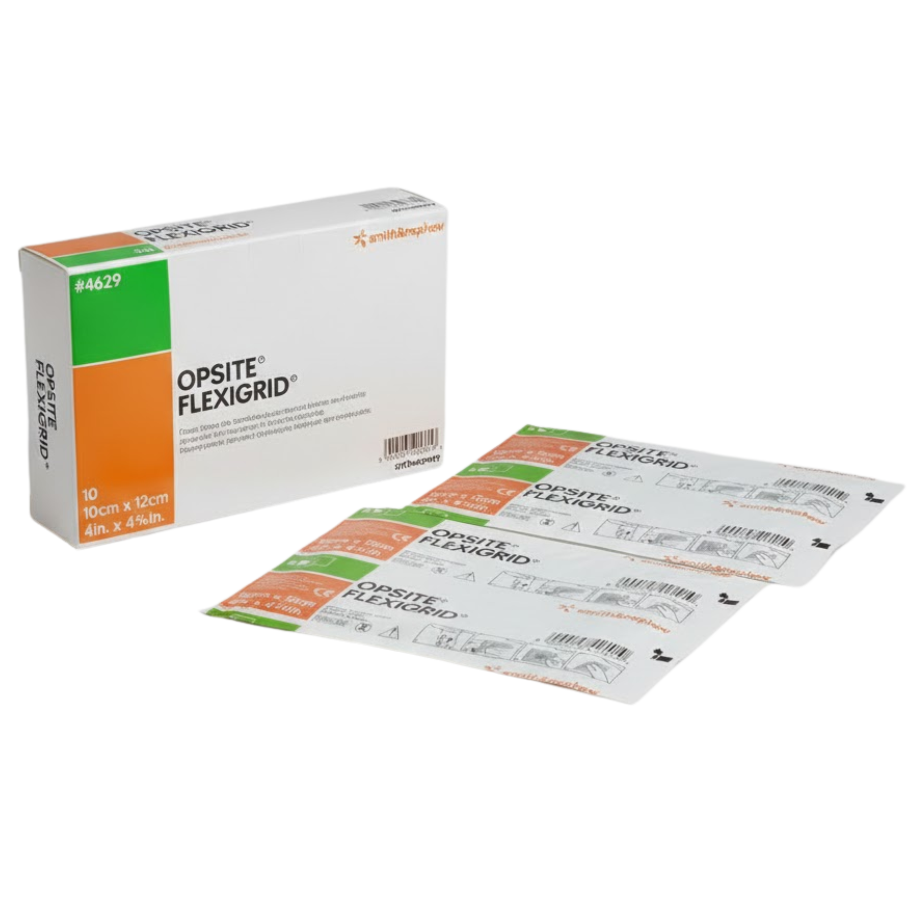 Packaging and individual sterile units of Opsite Flexigrid 10cm x 12cm dressings, showing the flexible adhesive film and application instructions.