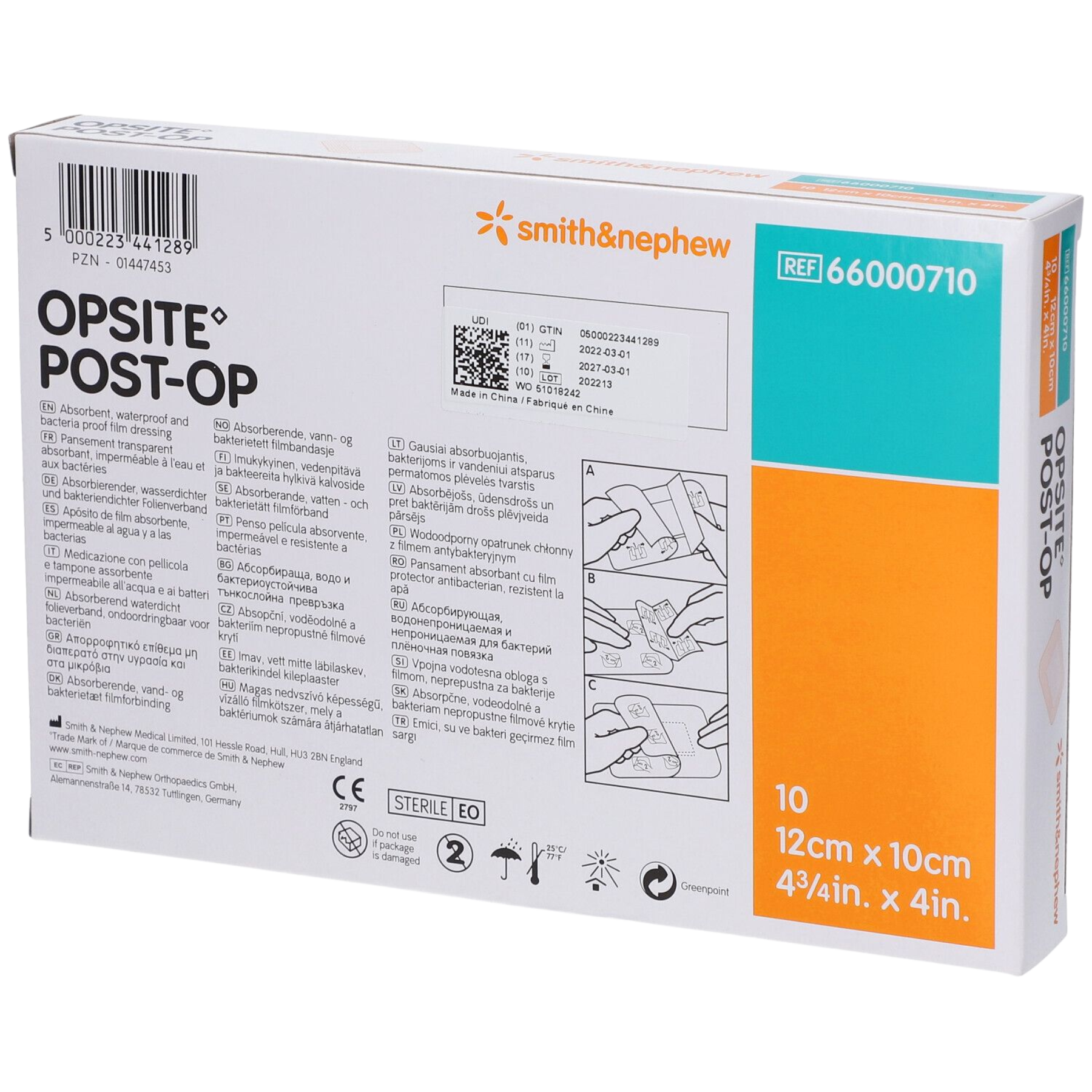 The back of an Opsite Post-Op box showing multi-language descriptions, application diagrams, and REF 66000710.