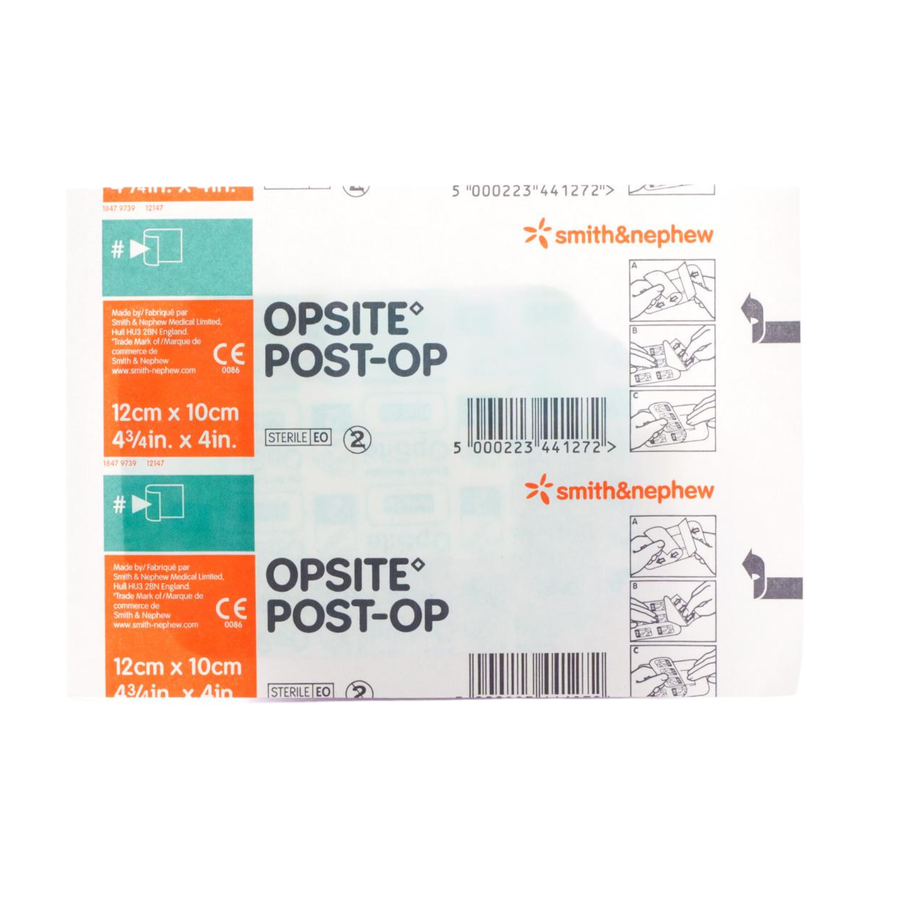 Two individual sterile peel pouches for Opsite Post-Op dressings showing the 12cm x 10cm sizing and product branding.