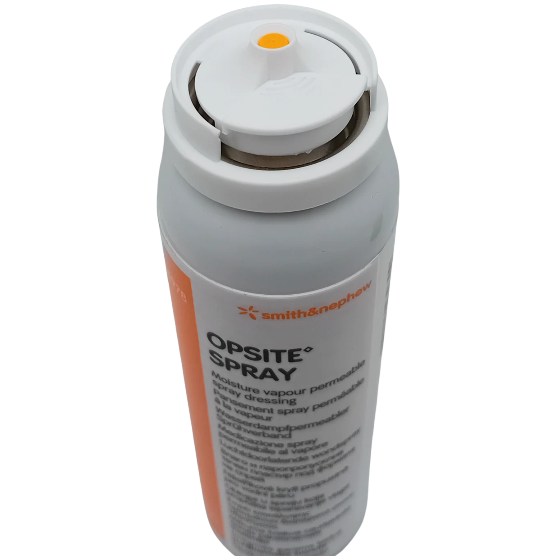 Close-up top view of the Opsite Spray white applicator nozzle and orange spray tip, showing the aerosol distribution mechanism.