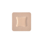 Close-up of a single 5cm x 5cm Osmocel Si Silicone Hydroporous Foam - Lite dressing with a bordered edge, showing its beige color and central absorbent pad.