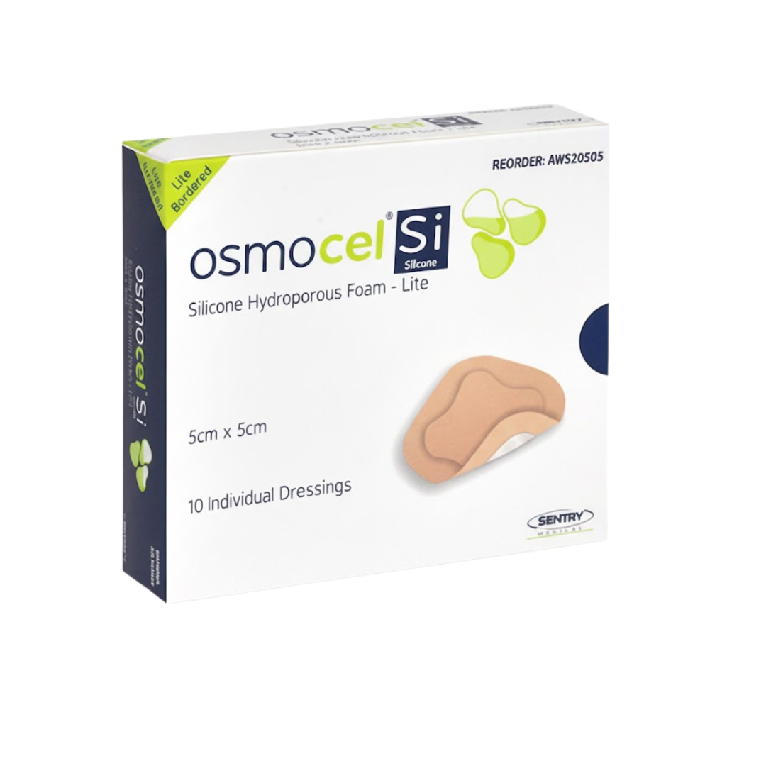 Back view of the individual foil packaging for an Osmocel Si Silicone Hydroporous Foam - Lite 5cm x 5cm dressing, showing light exudate recommendation, 1-3 days wear time, lot number, expiration date (2024/11), and a ruler graphic.