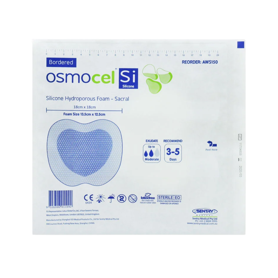 Osmocel Si Silicone Hydrophorous Foam - Sacral Bordered dressing in clear sterile pouch. Shows size 18cm x 18cm, 3-5 day wear, for moderate exudate.