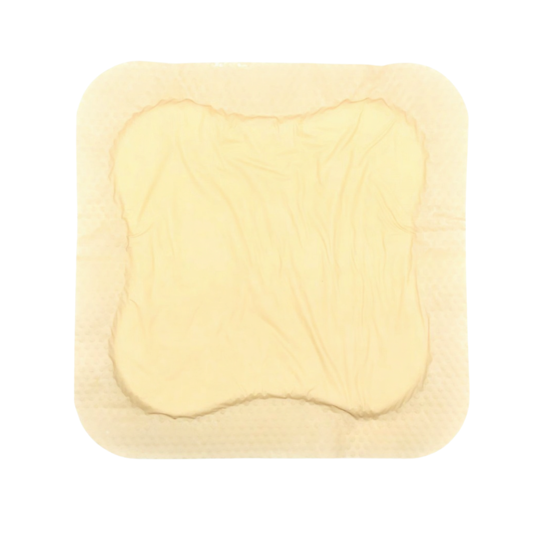 OsmoCel® Si Silicone Hydroporous Foam dressing, bordered, petal shape, size 15cm x 15cm. The dressing features a beige silicone adhesive border with contoured edges for secure wound coverage and gentle adhesion.
