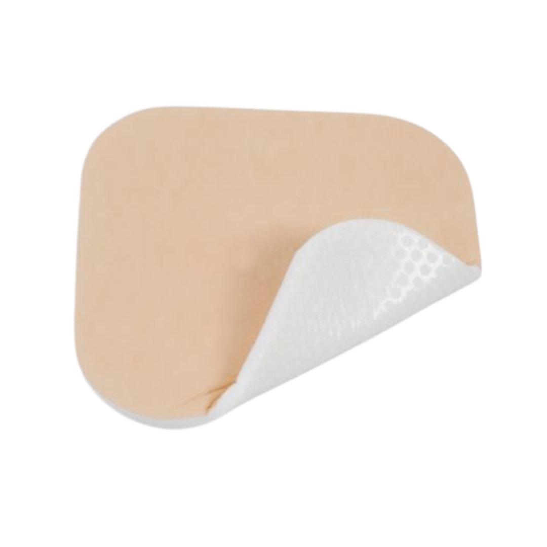 Close-up of OsmoCel® Si Silicone Hydroporous Foam dressing without adhesive border. The dressing features a soft beige silicone layer with one corner peeled back, revealing the white foam structure for optimal wound protection and comfort.
