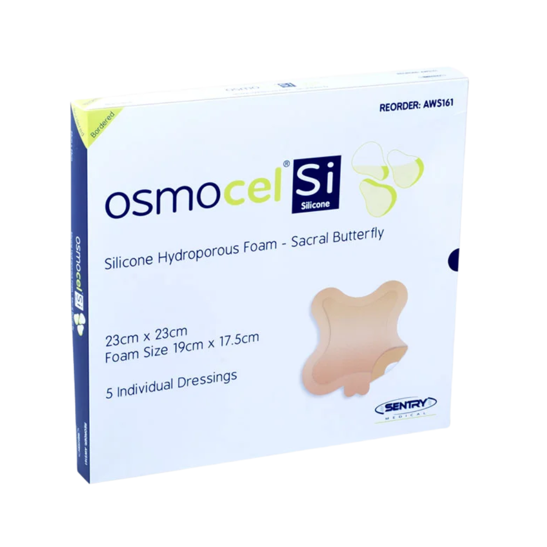 OsmoCel® Si Silicone Hydroporous Foam dressing, Sacral Butterfly shape, size 23cm x 23cm (foam size 19cm x 17.5cm). Pack contains 5 individual dressings designed for sacral wound care with gentle silicone adhesion and effective exudate management.
