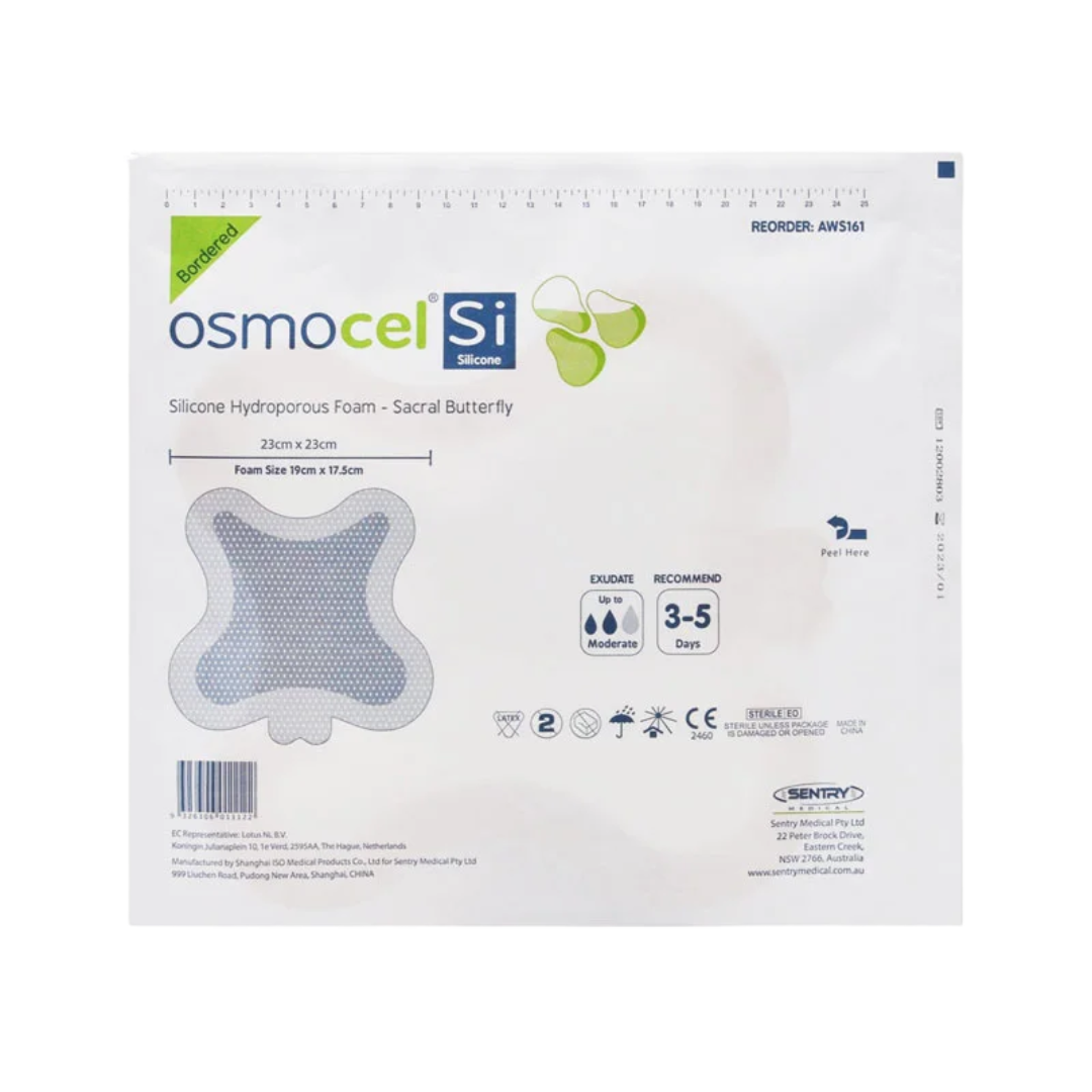 OsmoCel® Si Silicone Hydroporous Foam dressing, Sacral Butterfly shape, size 23cm x 23cm (foam size 19cm x 17.5cm), shown in sterile individual packaging. Designed for sacral wound care with gentle silicone adhesion, moderate exudate absorption, and 3–5 day wear time.
