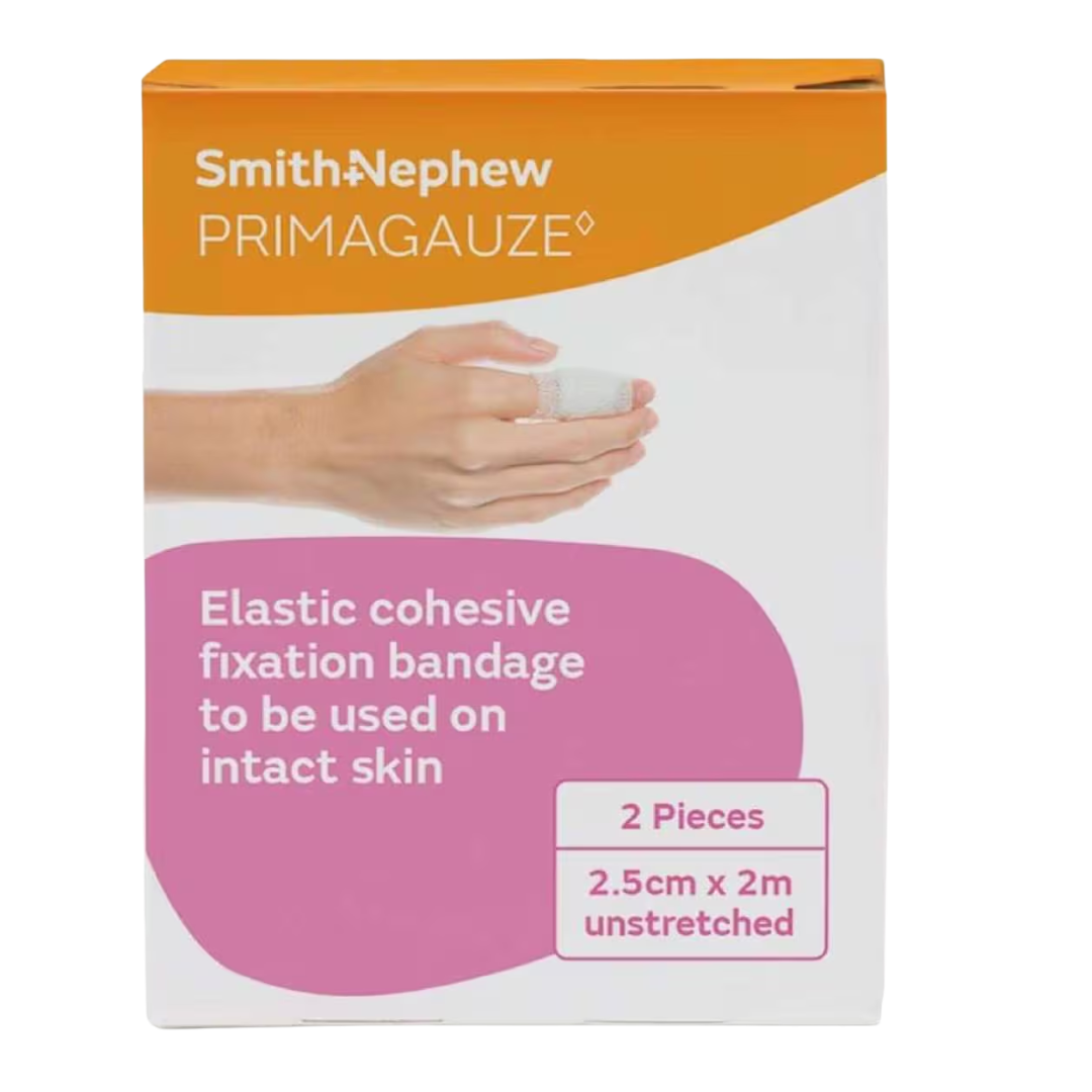 Primagauze Elastic Cohesive Fixation Bandage for intact skin, 2.5cm x 2m size. Box shows a two-piece pack applied to a finger.