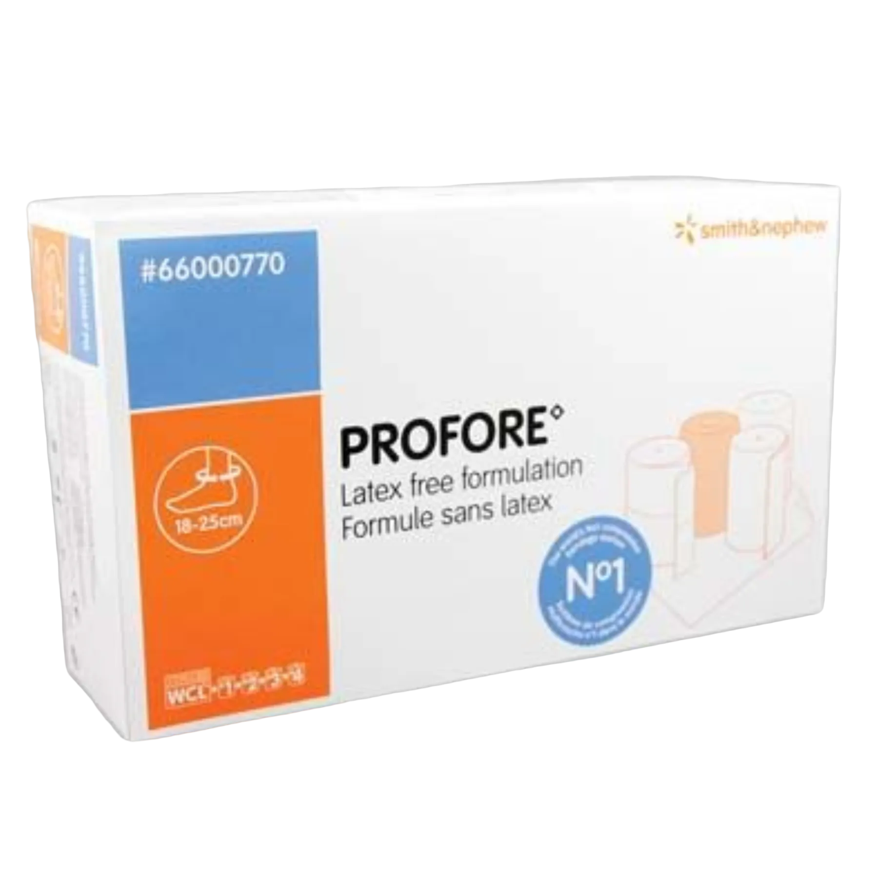 Front view of the PROFORE Latex-free formulation box, designed for ankle circumferences of 18-25cm.