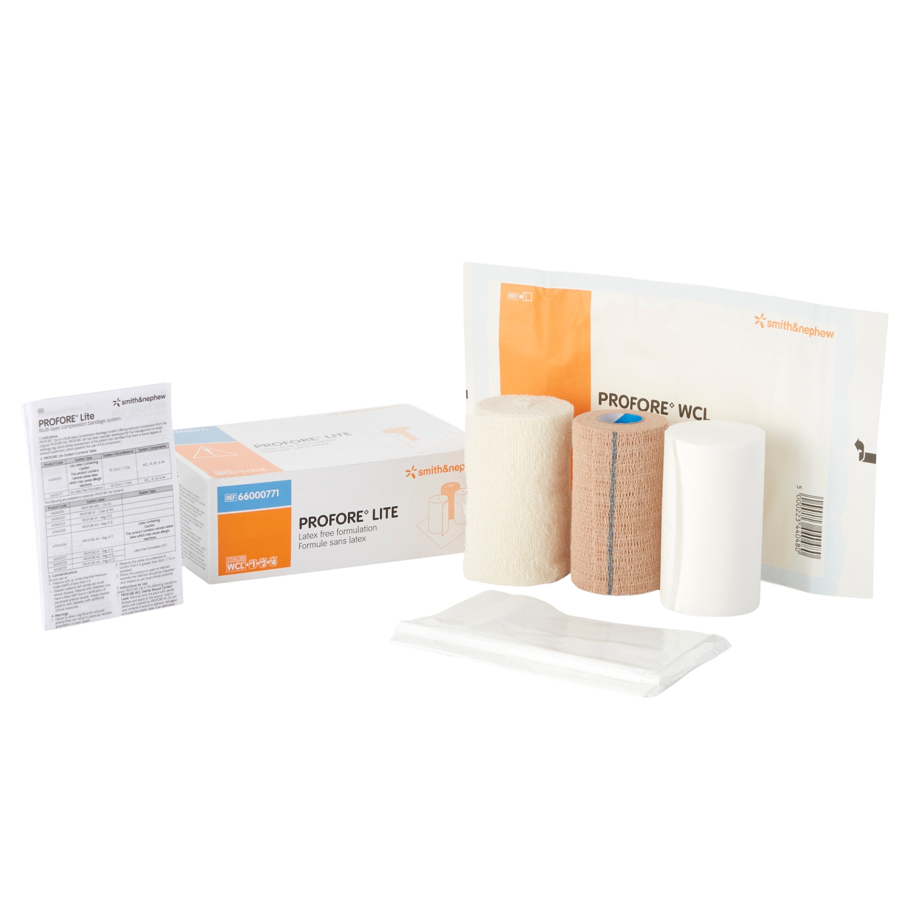 The complete PROFORE Lite multi-layer compression bandage kit with retail box, instructions, and sterile wrapped components.