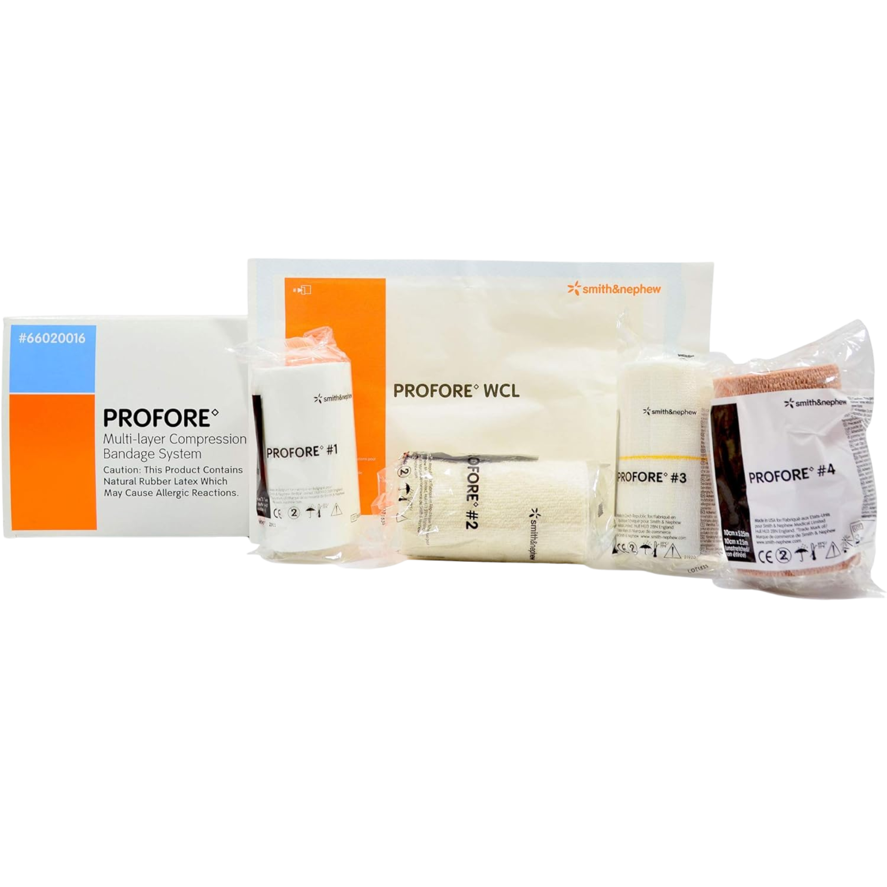Complete contents of a PROFORE multi-layer compression bandage system, including PROFORE WCL and individually wrapped bandages #1 through #4.