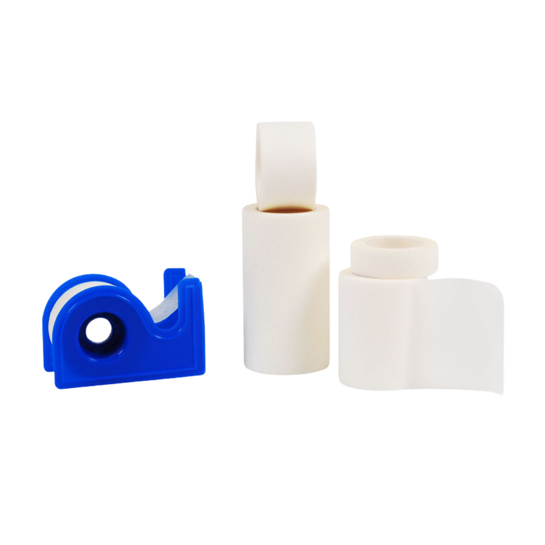 Sentry Medical adhesive tape rolls in white with a blue plastic tape dispenser. Includes multiple roll sizes for easy application and secure dressing attachment.
