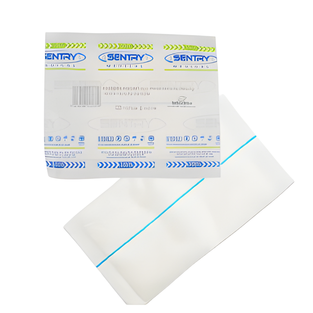 Image showing Sentry Medical Non-Woven Combine Dressing with dimensions 10cm x 10cm, EO sterilized and latex-free. Packaging includes size details, reorder code, and sterile markings.
